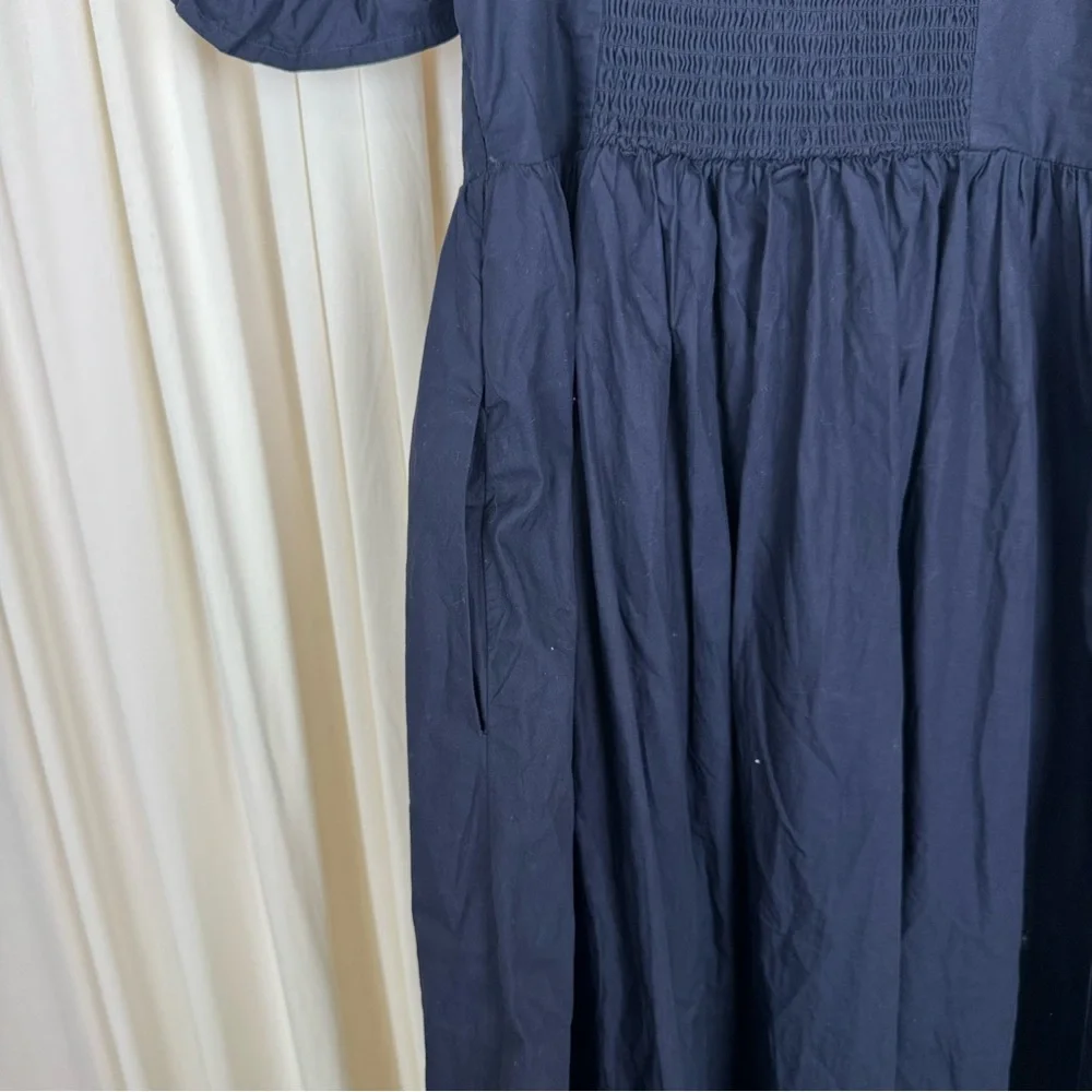 Quince Navy Blue Organic Cotton Puff Sleeve Midi Dress Sz S Summer Elegant - Picture 4 of 7